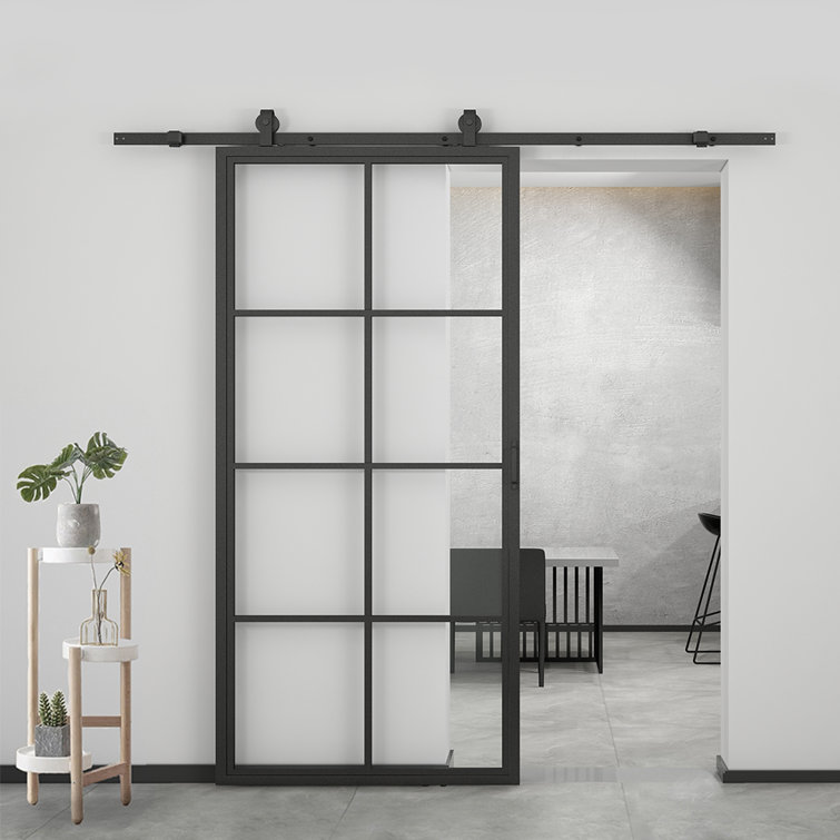 Calhome Sliding Metal Frame Glass Barn Door With Handle And